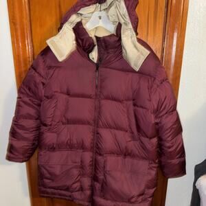Lands End Large 14 16 Ladies Goose Down Puffer Coat Reversible Burgundy Tan